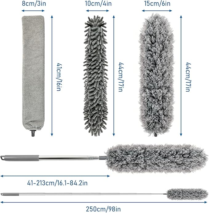 Microfiber Feather Duster 6-in-1 Kit | Extendable Duster with 100" Pole | Washable Long Handle Duster Set for High Ceilings, Fans, Blinds