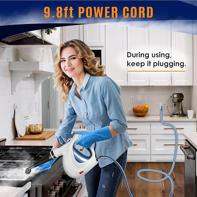 Pressurized Handheld Multi-Surface Natural Steam Cleaner with 12 pcs Accessories, Multi-Purpose Steamer for Home Use, Steamer for Cleaning Floor, Upholstery, Grout and Car (White&Blue)