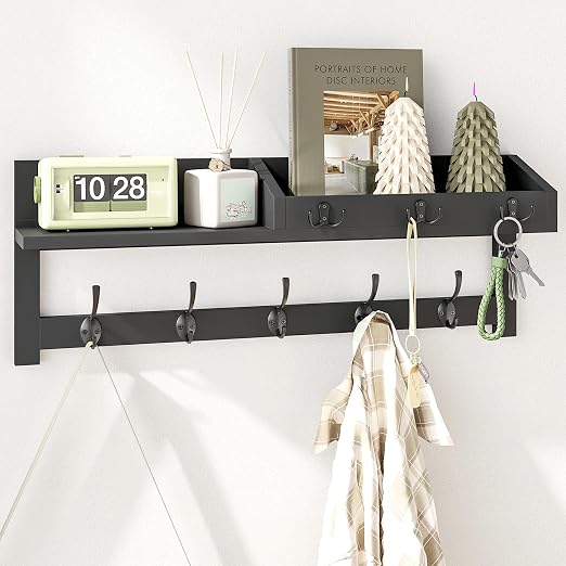 AMBIRD Wall Hooks with Shelf, 26.57 Inch Entryway Wood Coat Hooks for Wall, Coat Rack Wall Mount Rack with 5 Dual Hooks 