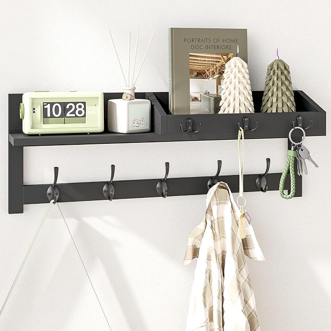 AMBIRD Wall Hooks with Shelf, 26.57 Inch Entryway Wood Coat Hooks for Wall, Coat Rack Wall Mount Rack with 5 Dual Hooks 