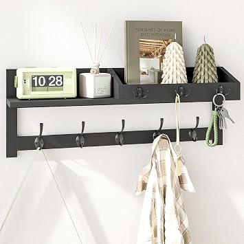 AMBIRD Wall Hooks with Shelf, 26.57 Inch Entryway Wood Coat Hooks for Wall, Coat Rack Wall Mount Rack with 5 Dual Hooks 
