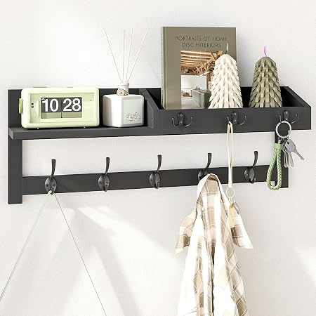 AMBIRD Wall Hooks with Shelf, 26.57 Inch Entryway Wood Coat Hooks for Wall, Coat Rack Wall Mount Rack with 5 Dual Hooks 