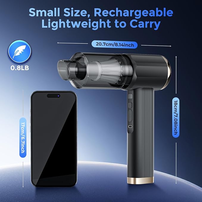 Handheld Cordless Vacuum Cleaner, Black, 24000Pa Suction, 3 Cleaning Modes, 7800mAh Battery, Vacuum/Blower/inflator Design, brushless Motor, USB-C Rechargeable
