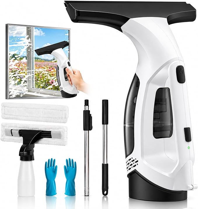 Window Vacuum Squeegee Cordless, Window Vacuum Cleaner with 2000Pa Streak-Free Suction, 30–40" Extension Pole, 11-Inch Cleaner Tool for High Windows, Shower Glass, Tiles & Mirrors