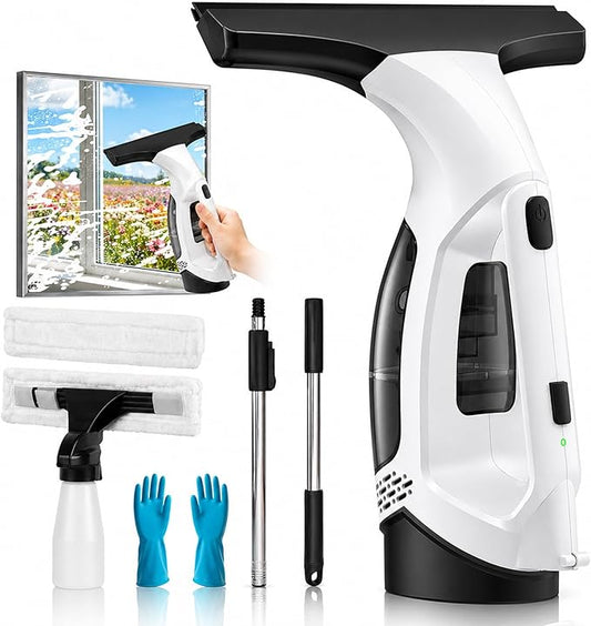 Window Vacuum Squeegee Cordless, Window Vacuum Cleaner with 2000Pa Streak-Free Suction, 30–40" Extension Pole, 11-Inch Cleaner Tool for High Windows, Shower Glass, Tiles & Mirrors