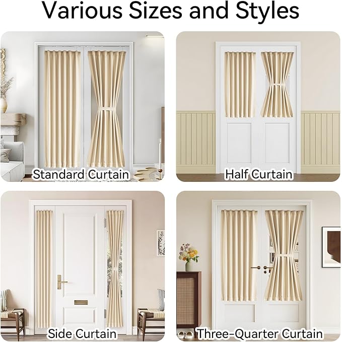 Vatge Dual Rod Pocket French Door Panel Curtains with Tieback - Door Curtain Panels for Doorway, 1 Panel, W36 x L54, Beige