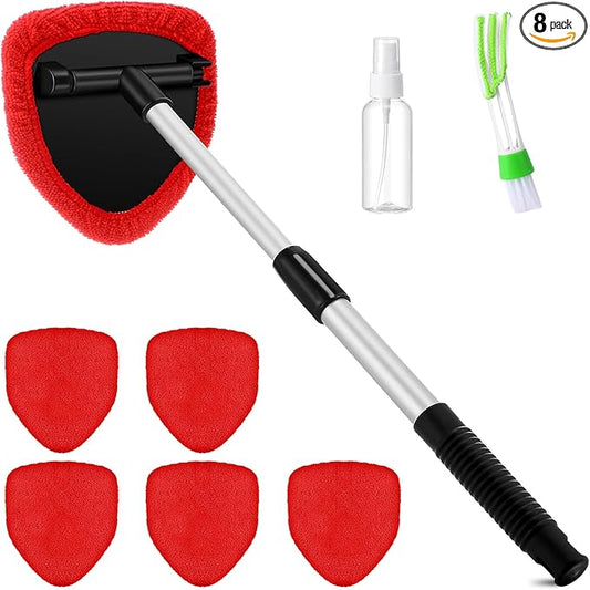Potchen 8 Pcs Car Windshield Cleaner Tool Kit with Extendable Handle, Microfiber Towel Pads, Brush, Empty Spray Bottle for Auto Glass Wiper Suvs Rvs & Home Windows(Red)