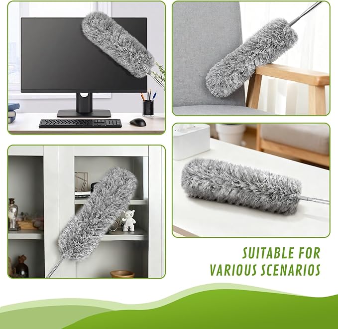 12-Piece Microfiber Feather Duster with Extension Pole (16.1" to 100), Ceiling Fan Duster for Ceiling Fan, Flat Duster for Under Appliances, Chenille & Cobweb Duster for Cobweb, Wall, Furniture