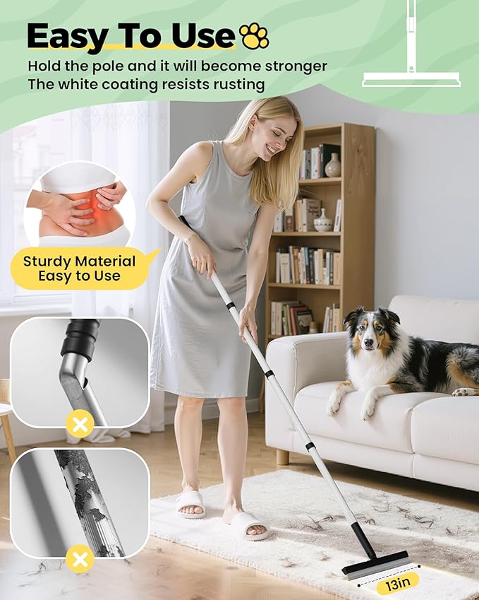 Carpet Rake for Pet Hair Removal Tool - 4 in 1 Pet Hair Remover Kit for Dog Cat Fur Remover, Contain 60" Adjustable Rubber Broom, Glove, Magic Brush and Scraper for Furniture (Black)