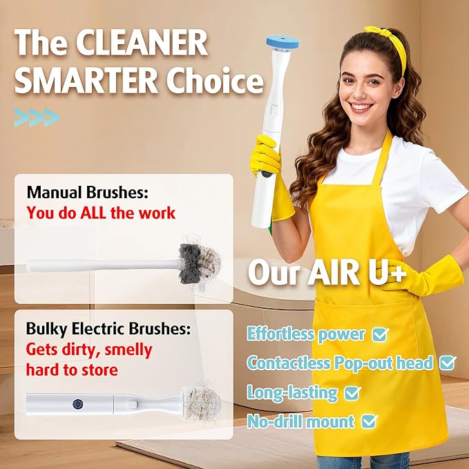 AIR U+ Hands-Free Electric Toilet Brush for Seniors & Busy Households - No Bending, Effortless Clean with Disposable Heads & Holder Set