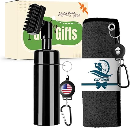 Golf Club Clean Brush Towel Value Set with Strong Magnetic Retractable Carabiner, Squeeze Water Bottle Microfiber Absorb