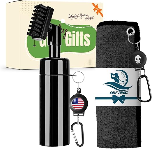 Golf Club Clean Brush Towel Value Set with Strong Magnetic Retractable Carabiner, Squeeze Water Bottle Microfiber Absorb