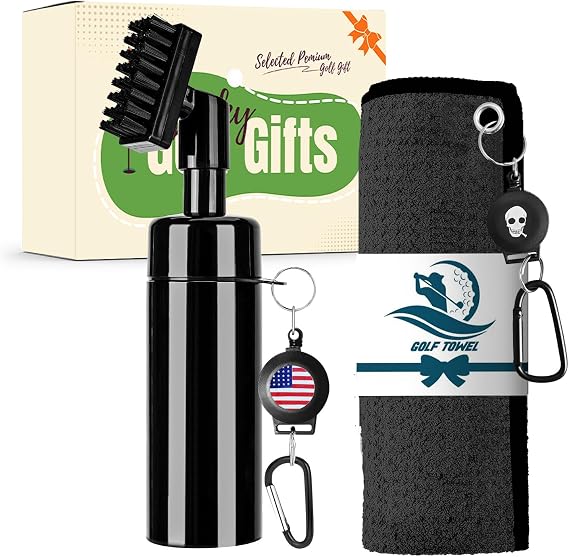 Golf Club Clean Brush Towel Value Set with Strong Magnetic Retractable Carabiner, Squeeze Water Bottle Microfiber Absorb