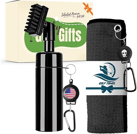Golf Club Clean Brush Towel Value Set with Strong Magnetic Retractable Carabiner, Squeeze Water Bottle Microfiber Absorb