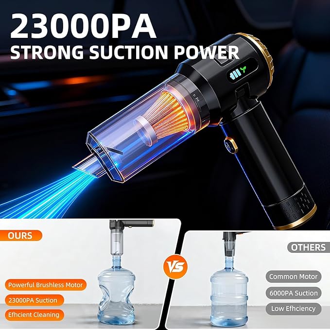 Handheld Vacuum Cleaner Cordless, 23000Pa Powerful Car Mini Vacuum Cleaner, Rechargeable Portable Lightweight dust Catcher for Home Car Carpet Stairs Pet Hair Deep Cleaning（Black-Gold）.