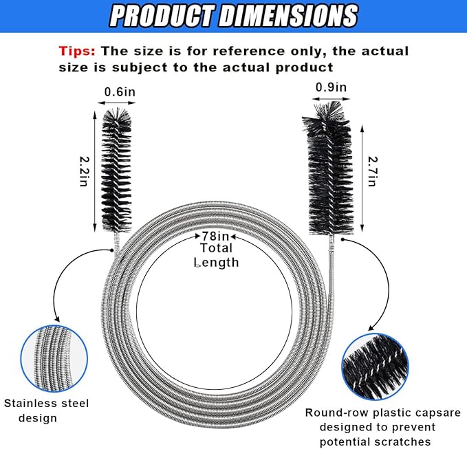 78 Inch Flexible Long Drain Brush, Nylon Stainless Steel Flexible Feeding Tube Cleaning Brush, Double Ended Elastic Slim Hose Pipe Brush Auto Sunroof Drain Hole Cleaner for Car Fridge (Black)