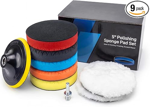 9Pcs Buffing Polishing Pads Kit, 5 Inch Buffing Pads, Sponge & Woolen Pads with M14 Drill Adapter & Backing Plate for Ca