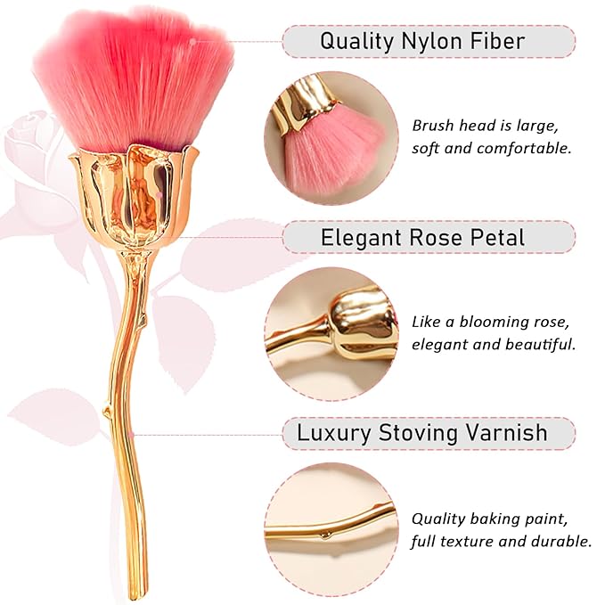 1pc Nail Dust Brush for Acrylic Nails, Red Rose-Shape Soft Brush Nail Art Dust Powder Remover Blush Makeup Brushes Manicure Brush Clean Up Tools Nail Art Brush (Gold)