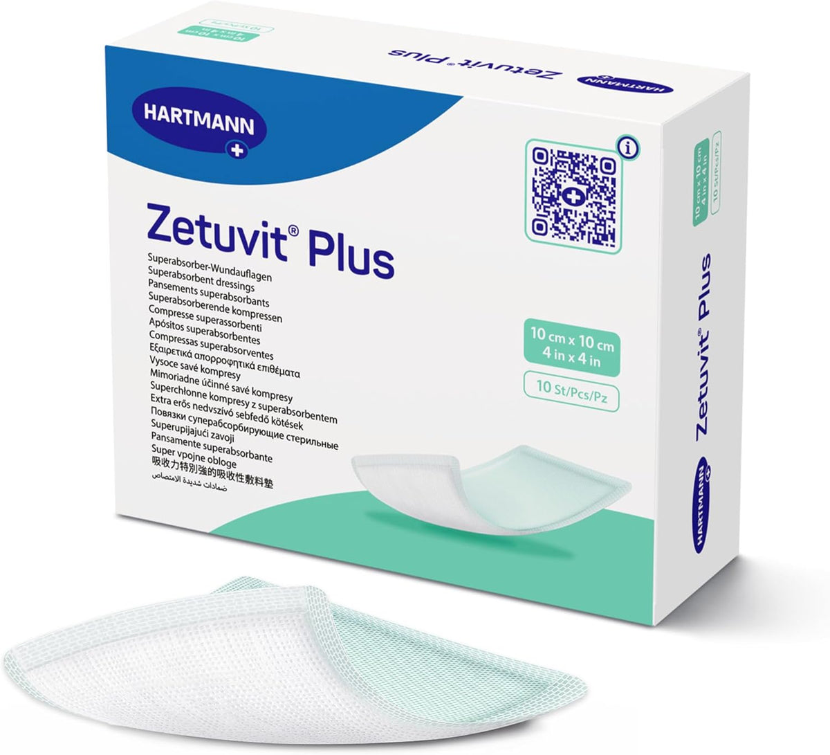 Zetuvit Plus Superabsorbent Wound Dressing – High-Absorbency Sterile Pads (Non-Adhesive/Non-Border) for Moderate to Heavy Exudate – 4 x 4 in., Box of 10