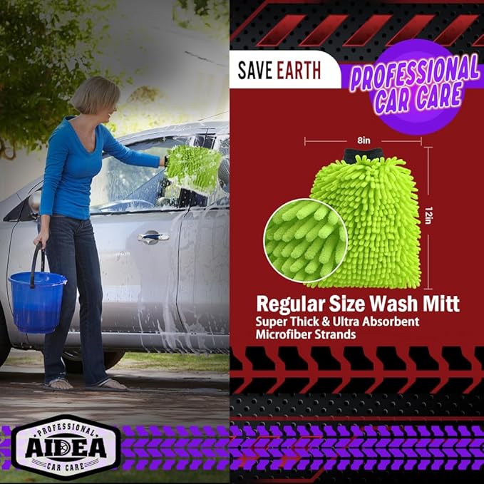 AIDEA Car Wash Mitt Microfiber, 2PK Scratch Free Lint-Free, Premium Chenille Microfiber Mitt Car Wash Brush, Green & Blue, Extra Large Size 8''X12''