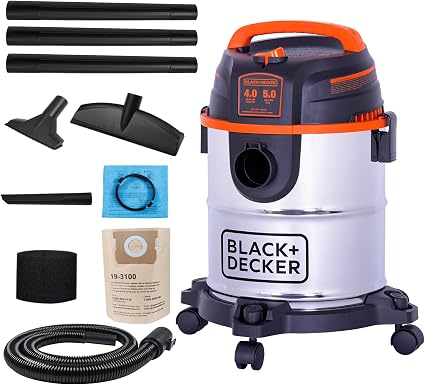 BLACK+DECKER Shop Vacuum Wet and Dry, 5 Gallon 3-in-1 Stainless Steel Shop Vac with Accessories, 4 HP Vacuum Cleaner, fo