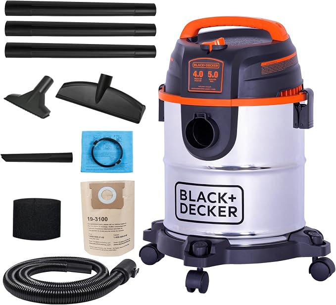 BLACK+DECKER Shop Vacuum Wet and Dry, 5 Gallon 3-in-1 Stainless Steel Shop Vac with Accessories, 4 HP Vacuum Cleaner, fo