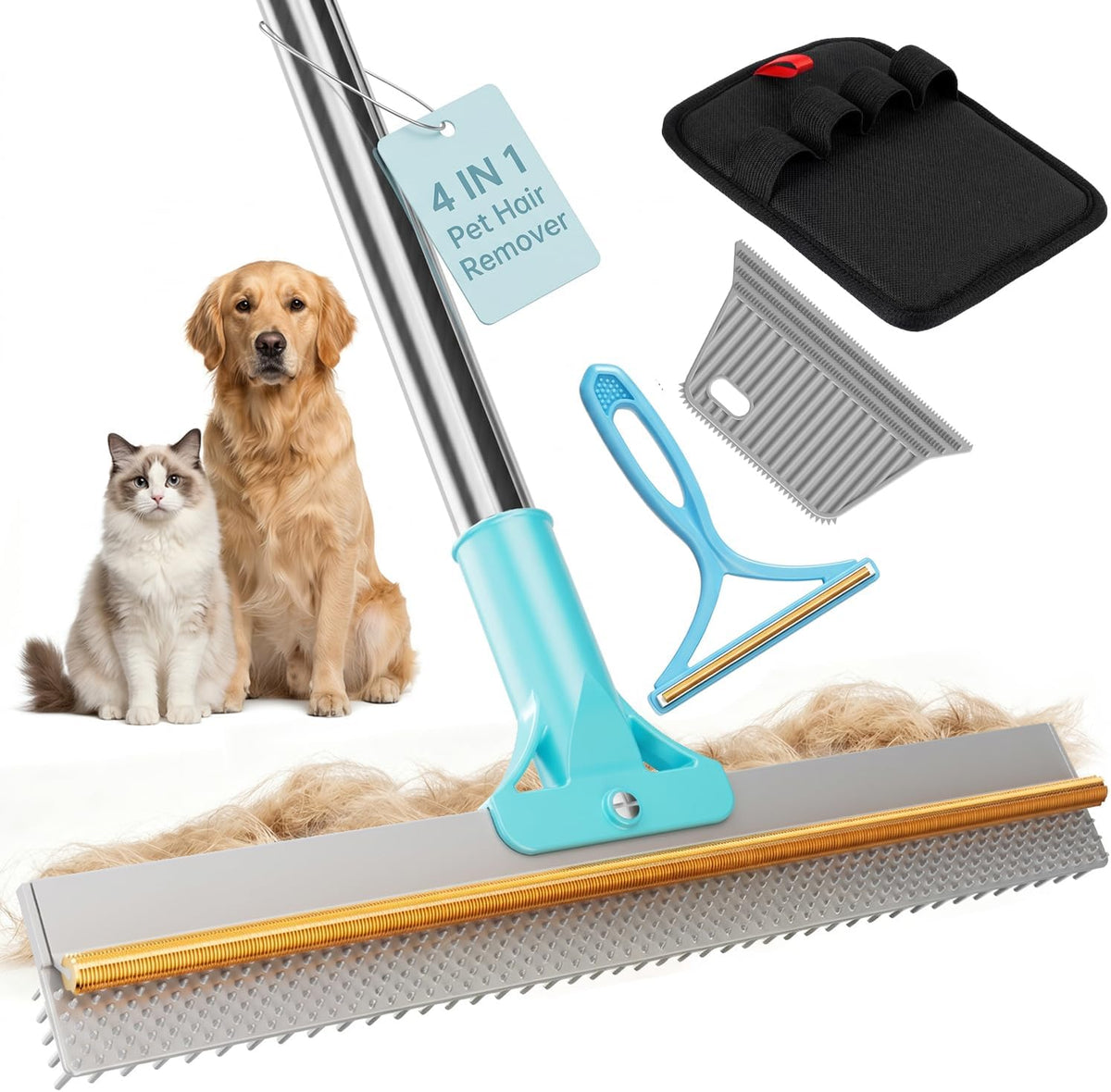 4 in 1 Carpet Rake for Pet Hair Removal, Pet Hair Remover Tool with Metal Scraper & Silicone Brush,54'' Adjustable Handle, 4 PCS Carpet Scraper Set, Dog Cat Hair Remover for Sofa, Couch, Car, Rug