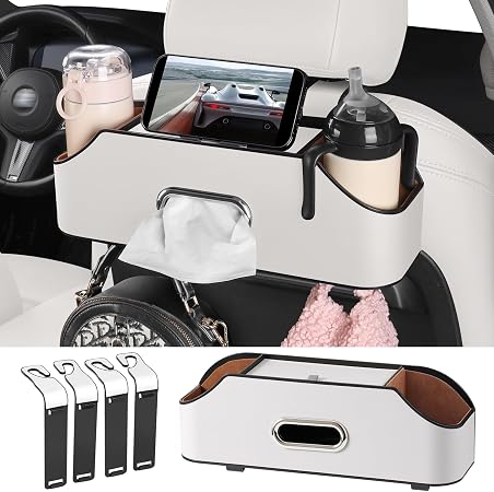 Car Seat Back Cup Holder, 4-in-1 Multifunctional Backseat Organizer with Tissue Box Storage & Hooks (White)