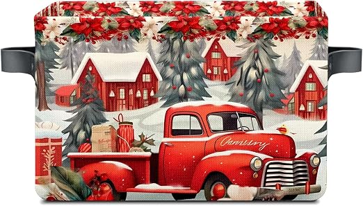 Christmas Baskets Storage Bins with Handles, Christmas Red Truck Foldable Fabric Baskets Canvas Cloth Organizer Storage 