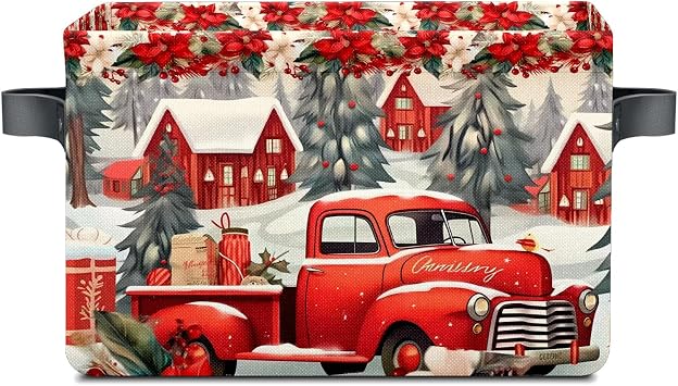 Christmas Baskets Storage Bins with Handles, Christmas Red Truck Foldable Fabric Baskets Canvas Cloth Organizer Storage 