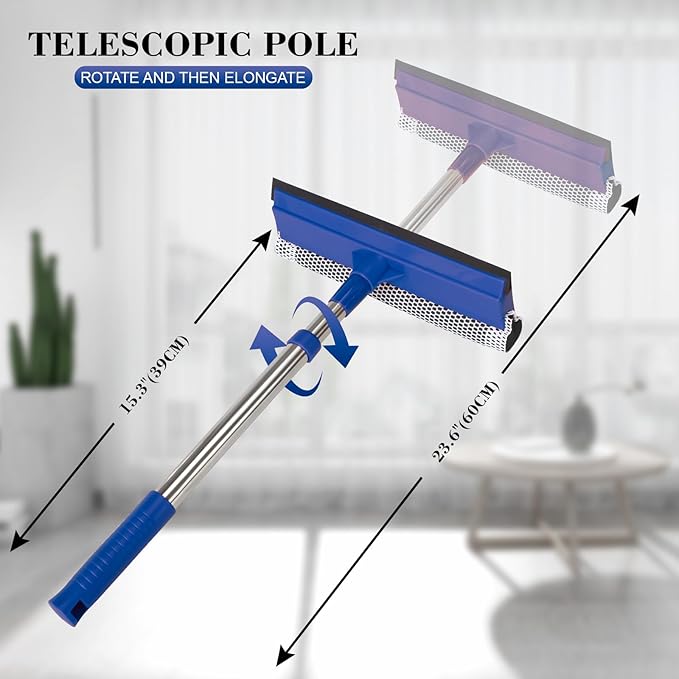 2-in-1 Window Squeegee&Car Squeegee with 15.7"-27.5" Retractable Stainless Steel Handle, Windshield Cleaner Tool for Cars, Trucks, Glass Doors, Shower Glass, Outdoor Windows