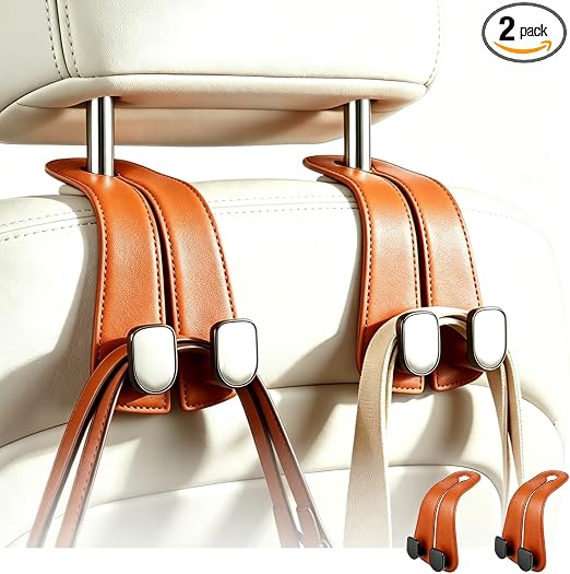 2 Pack Car Seat Hooks, Leather Car Seat Back Hanger for Purses & Bags