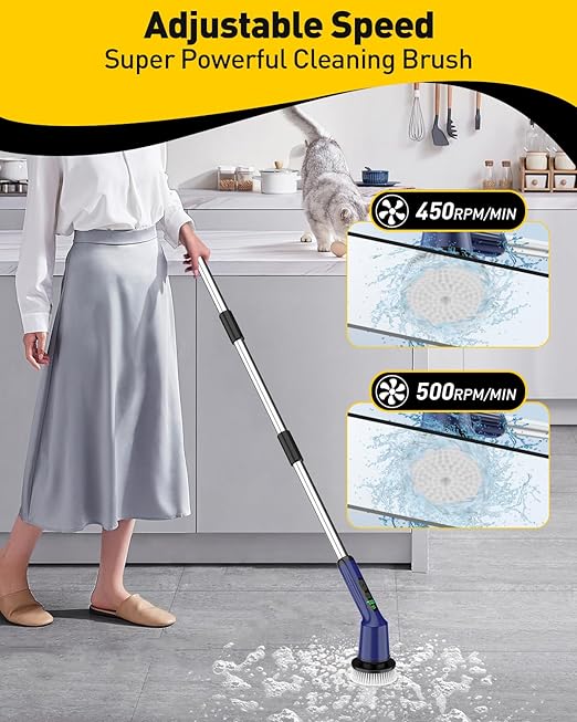Electric Spin Scrubber for Cleaning Bathroom, Shower Scrubber Cordless Cleaning Brush with IPX7 Waterproof & 2 Speed, 3 Brush Heads, Bathroom Cleaning Supplies for Shower Tub Kitchen Tile Toilet Navy