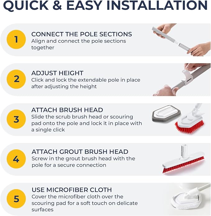 Shower Scrubber with Long Handle, Stiff Bristles Grout-Brush, Tub Scrub-Brush with Long-Handle, Shower-Cleaner Brush, Grout Cleaning Brush for Tile floors, Scouring Pad & Microfiber Cloth for Bathroom