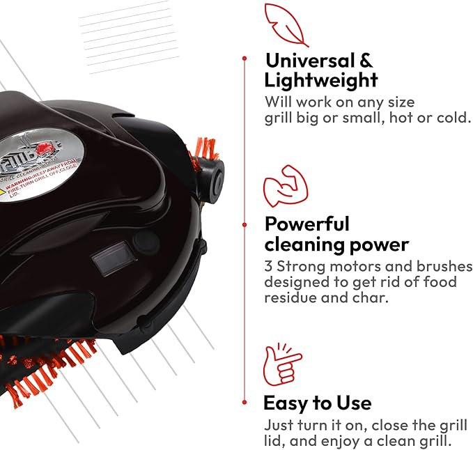 Grillbot Automatic Grill Cleaning Robot with Nylon Brushes, Electric BBQ Cleaner Brush with Motorized Power, Cordless Rechargeable Grill Scrubber for Outdoor Grills (Red and Case)