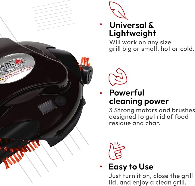 Grillbot Automatic Grill Cleaning Robot with Nylon Brushes, Electric BBQ Cleaner Brush with Motorized Power, Cordless Rechargeable Grill Scrubber for Outdoor Grills (Black and Case)