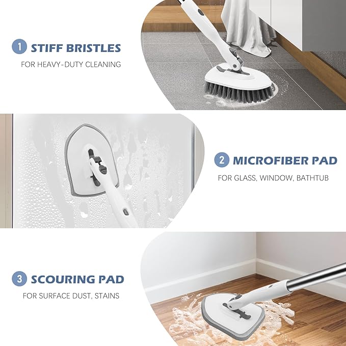 SetSail 4-in-1 Tile Tub Floor Scrubber with 52-inch Adjustable Long Handle Shower Cleaner Brush Comes with Floor Scrub Brush and 3 Replacement Brush Heads for Cleaning Bathroom Tub Tile, White Grey