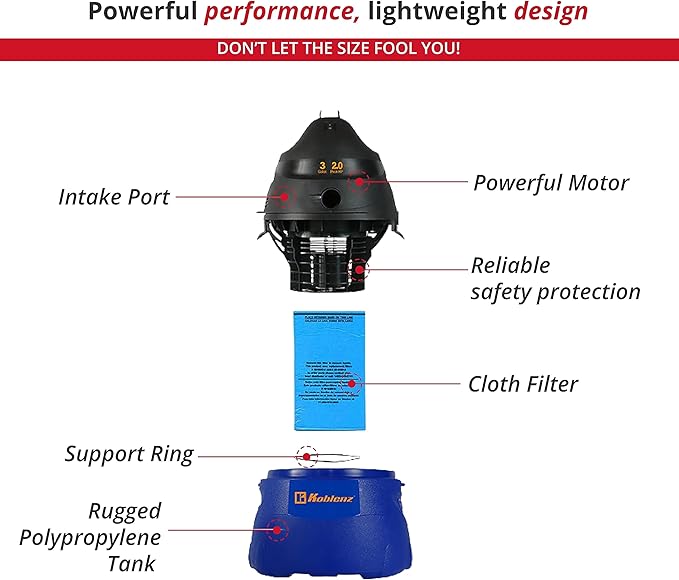 Koblenz Wet Dry Vacuum Cleaner, 3 Gallon 2.0 PHP, Twist-N-Lock Hose, Small Shop Vac, Portable Shop Vac for Home Car Garage Workshop, 10 ft Reach, Accessories Included, Blue/Black, WD-353L