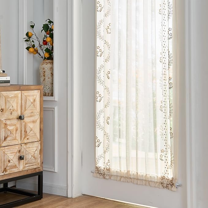 jinchan Belrose Sheer French Door Curtain Embroidered Farmhouse Linen Curtain for Patio Light Filtering for Door Window Closet Rod Pocket 40 Inches 1 Panel Taupe on Beige