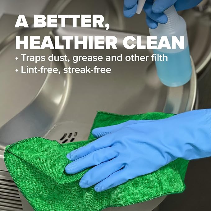 Pinnacle Mercantile 12 Microfiber Cloths and 4 Spray Bottles, Extra Large 16x16in Highly Absorbent Lint Free Towels and 16oz Heavy Duty Spray Bottles for Cleaning Home Kitchen Car or Janitorial