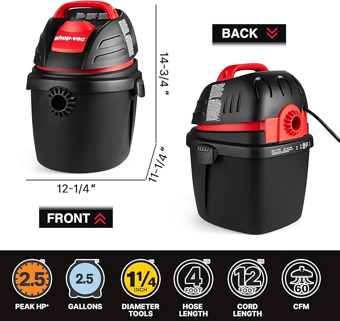 Shop-Vac 9303511 2.5 Gallon Wet Dry Vacuum, 2.5 Peak HP, 1.25 Inch Diameter x 4 Foot Hose, 12 Ft Cord Length, Wall Mounted, Includes Filters, Ideal for Jobsite, Garage, Car & Workshop