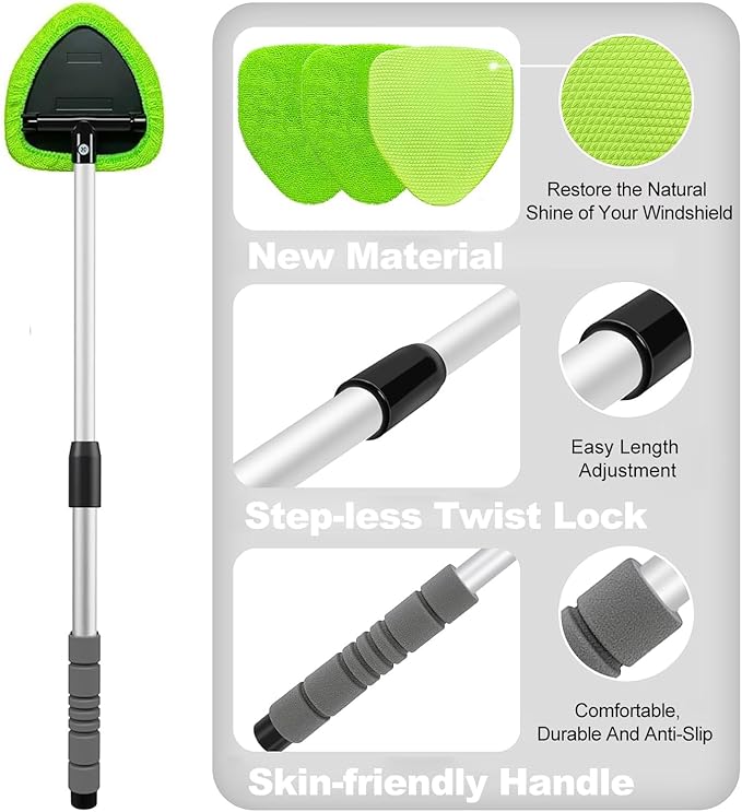 XINDELL 29-inch Windshield Cleaner Tool – Car Interior Window Cleaning Kit with Extended Long Handle & 4 Microfiber Pads, Auto Wiper Windshield Brush for Car, Trucks, SUVs, RVs & Home