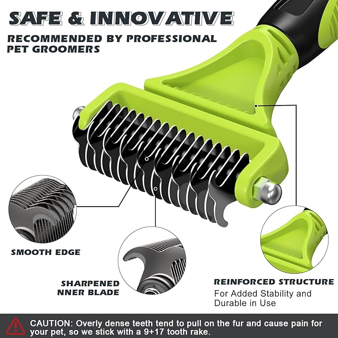 3PCS Pet Grooming Rake & Metal Comb & Flea Comb for Cats and Dogs, Double-Sided Dematting Tool, Extra-Wide Deshedding Dog Brush for Long Hair to Effectively Remove Tangles, Knots and Mats (Green)