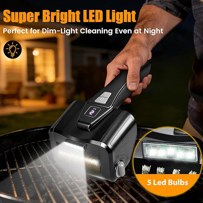 Electric Grill Brush for Outdoor Grill,Electric Grill Cleaner with 800 RPM Motor,Stainless Steel No Shedding Bristle Head,Cordless & Type-C Rechargeable,4000mAh BBQ Grill Brush with LED Light