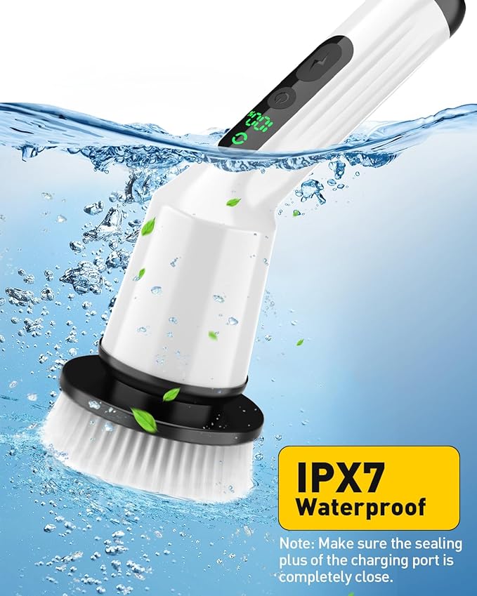 Shower Scrubber with Long Handle, Electric Spin Scrubber for Cleaning Bathroom, Cordless Cleaning Brush with IPX7 Waterproof & 2 Speed, Cleaning Supplies for Shower Tub Kitchen Tile Toilet