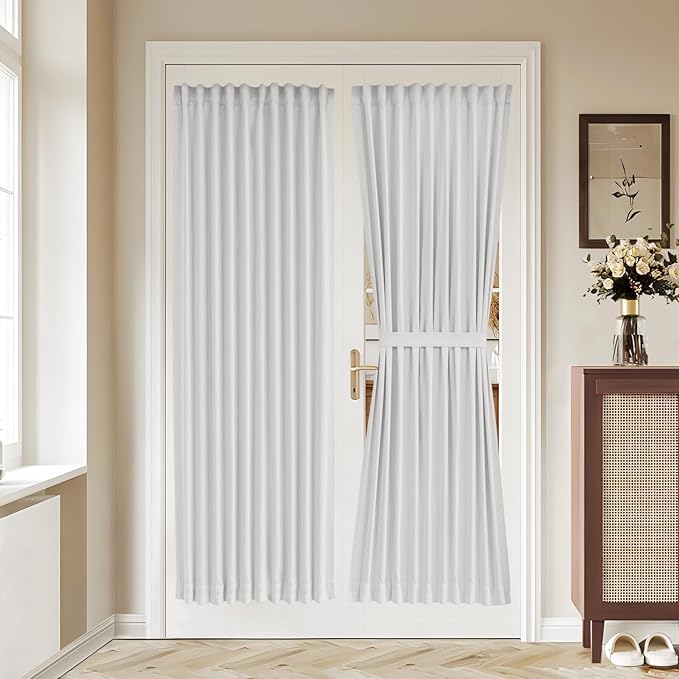 Vatge 50% Sunlight Blocking French Door Curtains - No Drill Rodless Blackout Panels for Sliding Glass Doors, 1 Panel, W36 x L72, Greyish White