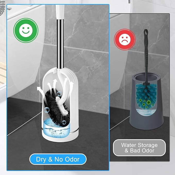 Toilet Brush and Holder Set, Curved Toilet Brush with Stainless Steel Handle, Under Rim Toilet Bowl Brush for Deep Cleaning, Drip-Proof, White