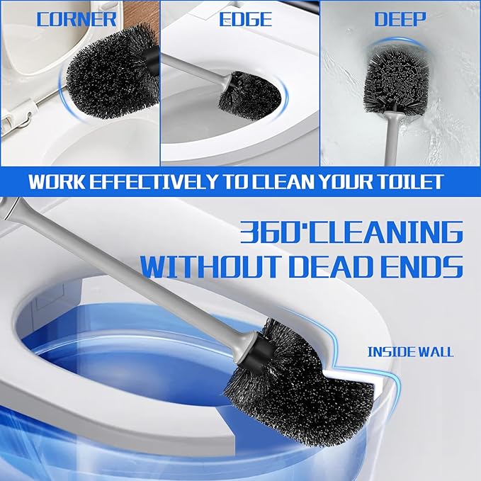 Toilet Brush and Holder 3 Pack with Long Handle - Non-Slip Grip Toilet Bowl Brush Set for Deep Cleaning Bathroom, Toilet Scrubber- Gray