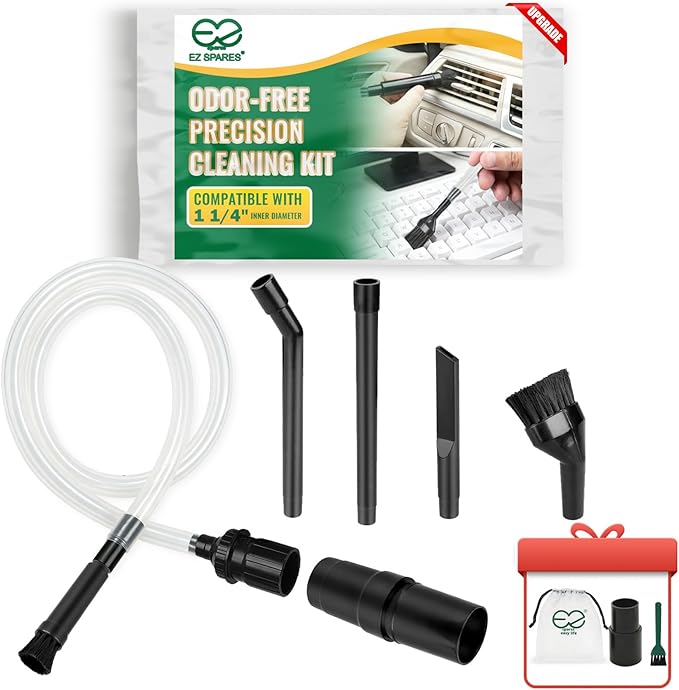 EZ SPARES Vacuum Crevice Attachment Kit – Micro Tools for Car, Keyboard, Vents & Tight Spaces, Fits 1-1/4" Hoses, Odor-Free, Includes Storage Bag