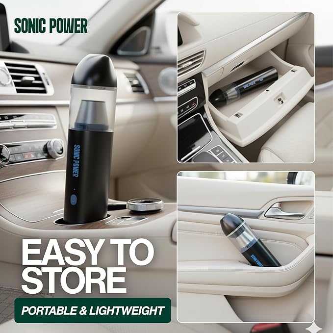SonicPower Portable Cordless Car Vacuum, 15000Pa High Suction Handheld Vacuum Cleaner, 2-in-1 Vacuum & Blower, with 4 Attachments & Portable Storage Bag for Car, Home, Pet & Office (Black & Blue)